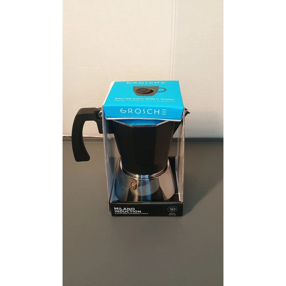 Grosche Milano Induction Espresso Maker 6 Cup Black Silver New Stovetop Moka Pot